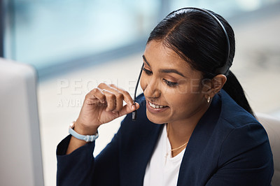 Buy stock photo Smile, telemarketing and business woman in call center office for customer service, help desk or technical support. Crm, contact us and female sales agent, consultant or employee working on computer.