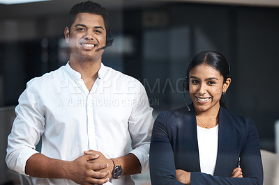 Buy stock photo Call center, team and portrait of customer service consultants with confidence in office. Happy, communication and professional young telemarketing agents with headset for crm standing in workplace.