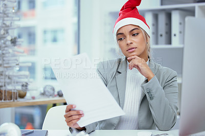 Buy stock photo Christmas hat, business and woman with paperwork, doubt and reading with burnout, upset and confused. Person, employee and consultant working on Xmas day and document for festive season schedule
