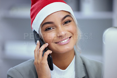 Buy stock photo Portrait of a happy young woman enjoying a phone call at the office