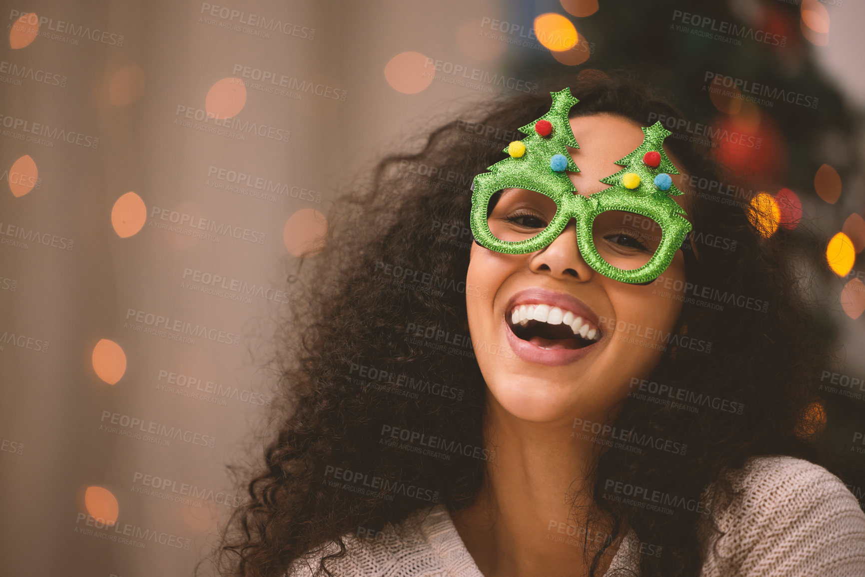 Buy stock photo Portrait of a young woman fun glasses during Christmas at home