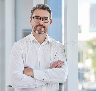 Buy stock photo Crossed arms, manager and portrait of business man for confidence at work, career and job in office. Professional, corporate and mature person for opportunity, company growth and mindset in Sweden