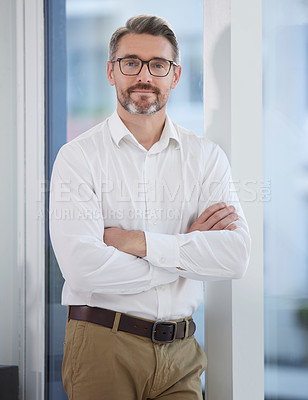 Buy stock photo Business man, arms crossed and portrait in the morning with job, smile and confidence at creative company. Manager, office and creative director at a journalism agency with a mature leader and proud
