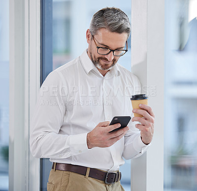 Buy stock photo Phone, coffee and business man reading online, email communication or chat for corporate networking. Professional entrepreneur, CEO or senior person on mobile app, typing or search internet in office