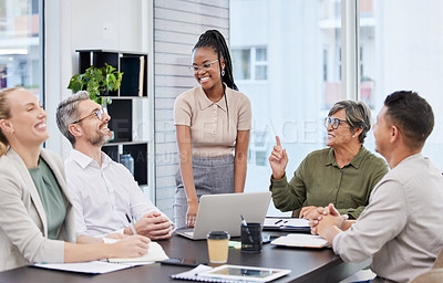 Buy stock photo Business meeting, laughing and people with manager, african woman or presenter for company planning. Happy person talking to clients in conference room, project ideas and funny discussion on laptop
