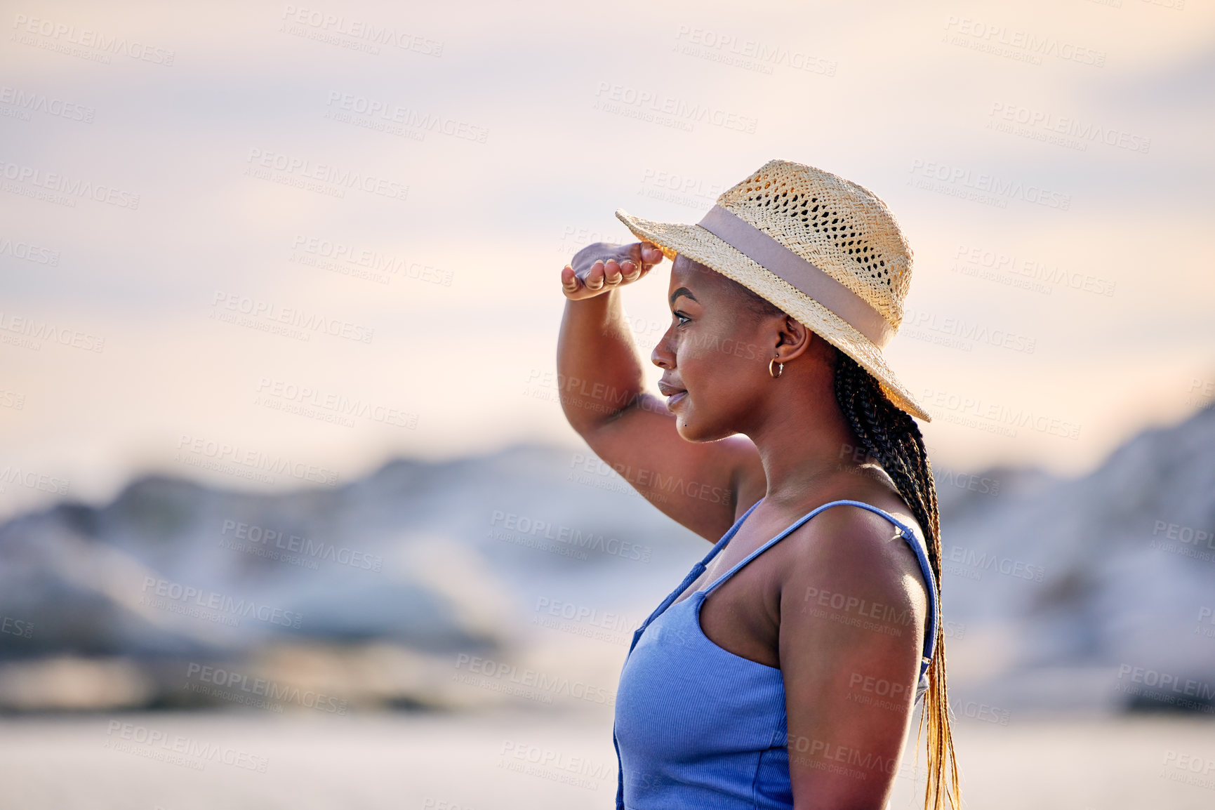 Buy stock photo View, beach or black woman on holiday to relax on vacation for break in Greece at sunset in summer. Tourist, girl or African person looking to at ocean, nature or sea with peace, wellness or travel