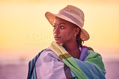 Buy stock photo Thinking, sunset or black woman at beach on holiday to relax on vacation or break in hat or Greece. Tourist, girl or African person looking at ocean, nature or sea with calm peace, wellness or travel
