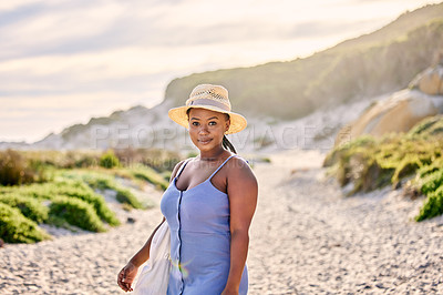Buy stock photo Portrait, beach or black woman on holiday to relax on vacation break in Greece at sunset in summer. Tourist, girl or African person looking to at ocean, nature or sea with peace, wellness or travel