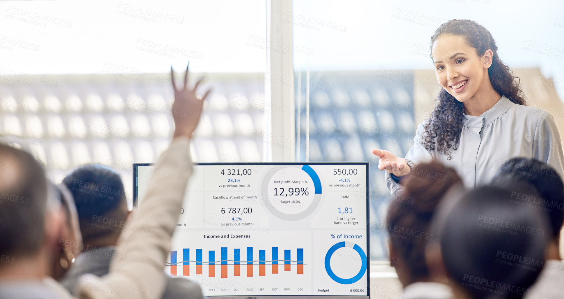 Buy stock photo Cropped shot of an attractive young businesswoman giving a presentation in the conference room