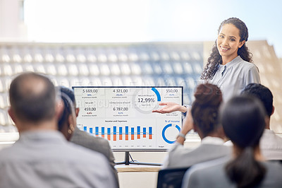 Buy stock photo Cropped shot of an attractive young businesswoman giving a presentation in the conference room