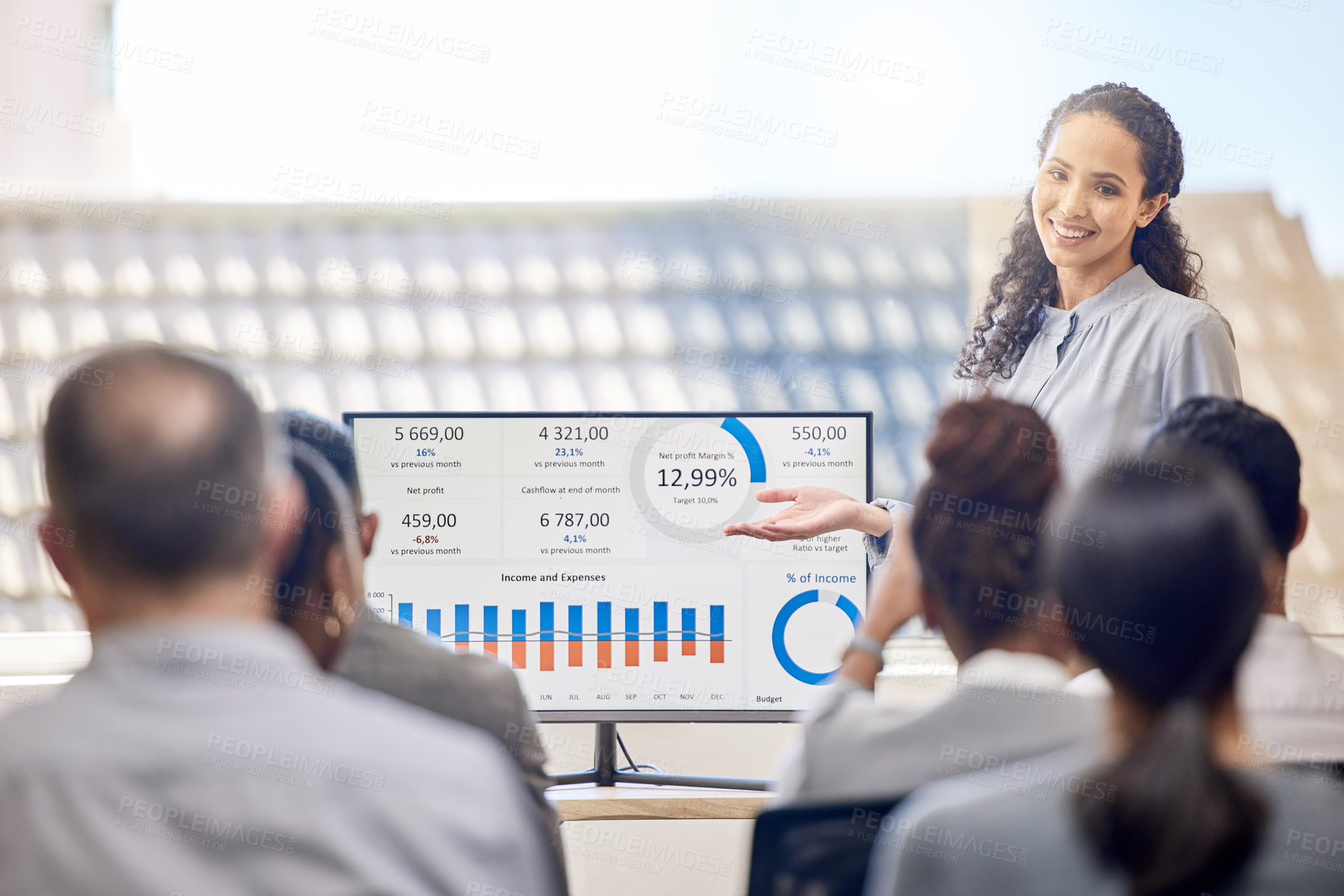 Buy stock photo Business, woman and finance presentation in conference room with bar graphs for revenue or investment analysis and profit. Girl, meeting and screen with financial statistics, data and earnings.