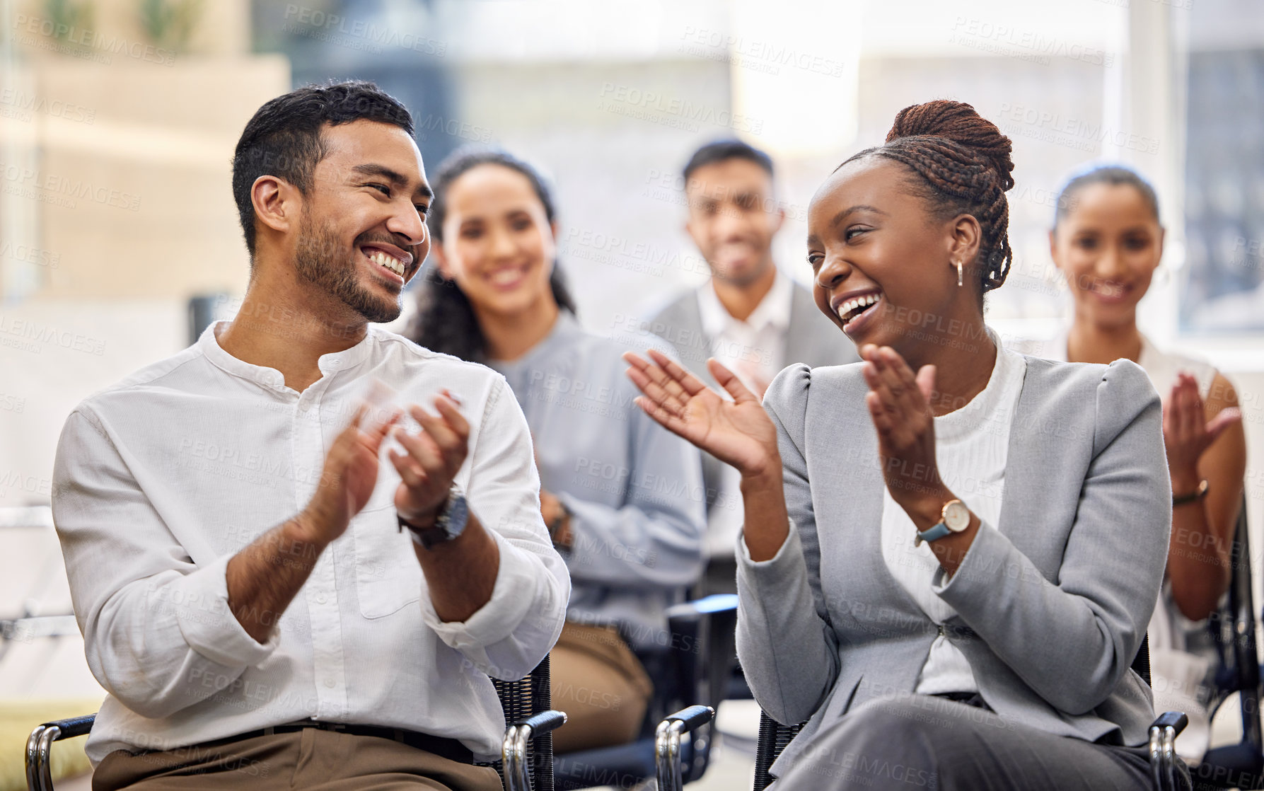 Buy stock photo Business people, workshop and audience with applause, smile and conference with crowd, meeting and seminar event. Staff, group or employees clapping, happiness and excited with achievement or success