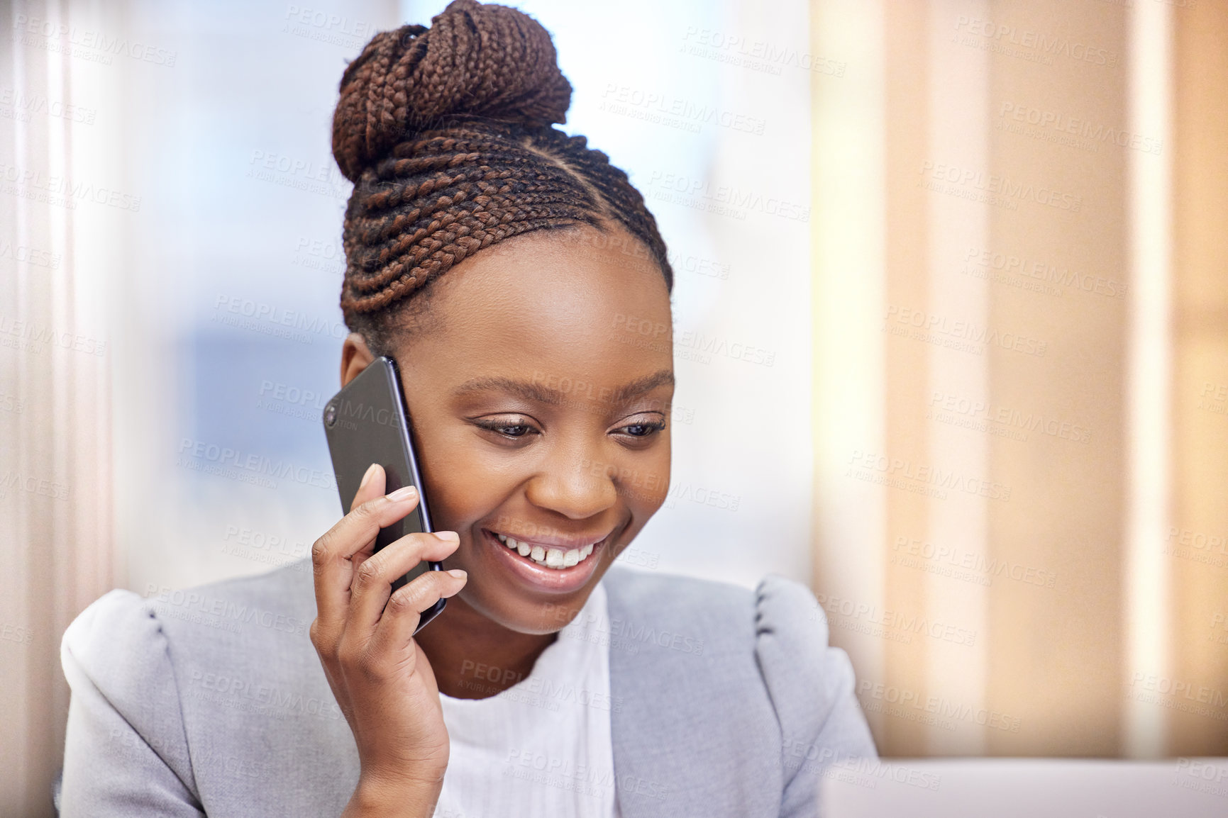 Buy stock photo Phone call, business and black woman with laptop, smile and connection with financial advisor, accountant or network. African person, economy analyst or investor with smartphone, communication or app