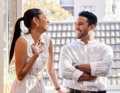 Buy stock photo Friends, happy and laughing with business people on break at office for comedy, conversation or humor. Flirt, funny or smile with employee man and woman chatting or joking outdoor at workplace