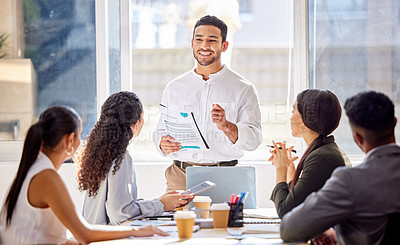 Buy stock photo Staff, presentation and business man in a meeting, teamwork and planning with brainstorming, feedback and review. Presenter, group and team share ideas, collaboration and partnership with documents