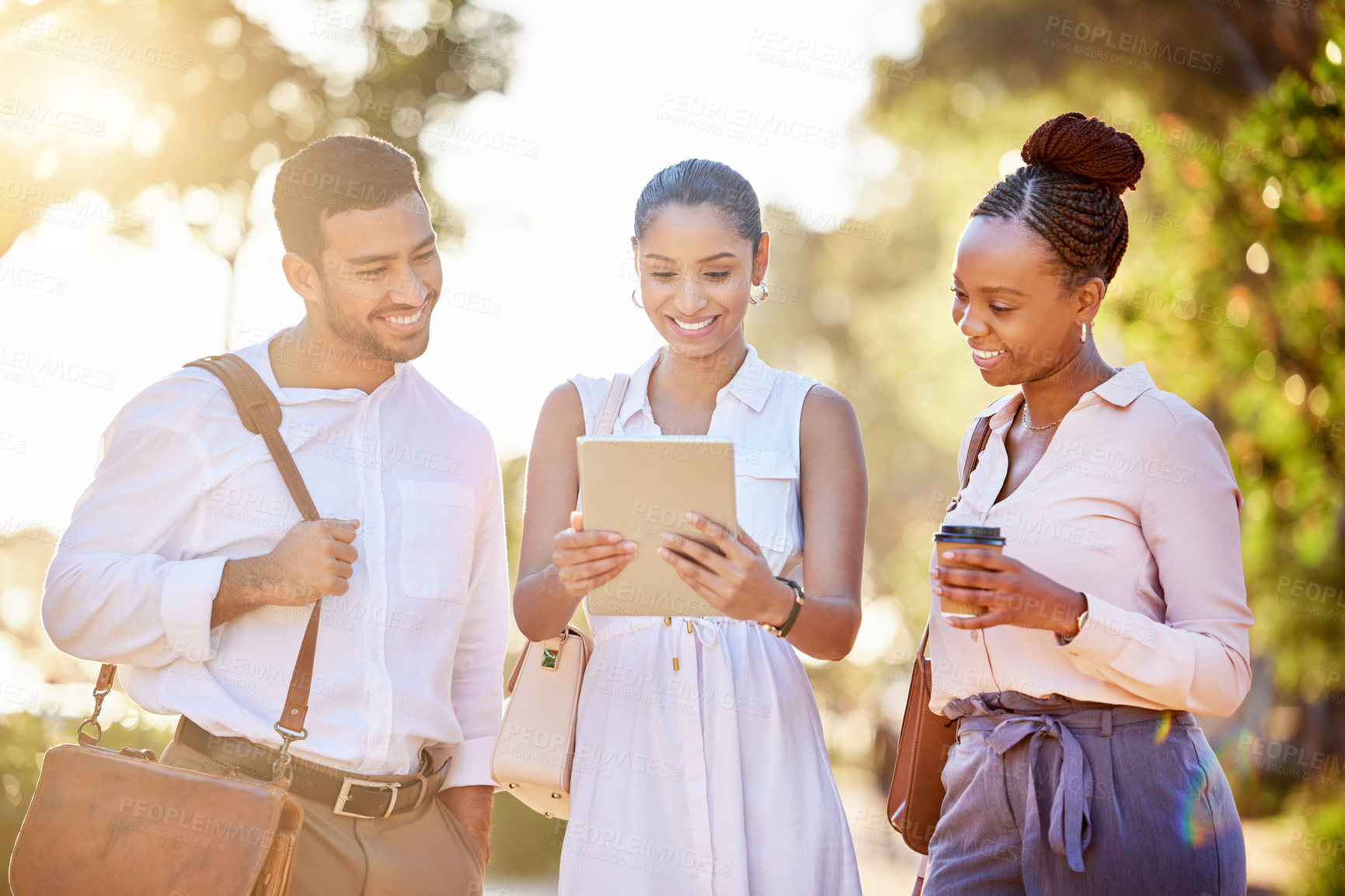 Buy stock photo Corporate people, tablet and walking in city with sunset for reading company email, lens flare and travel from office. Business team, work commute and tech in park with coffee and happiness for dusk