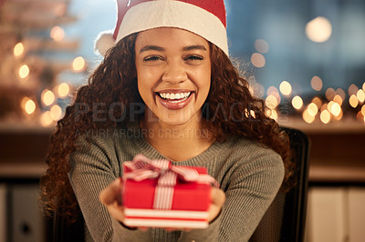 Buy stock photo Portrait, celebration and woman with a gift, Christmas and excited with happiness, Santa hat and box. Face, female person and girl with a parcel, Xmas present and smile with festive season and event