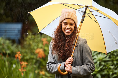 Buy stock photo Portrait, smile and woman with umbrella, rain and happiness with winter, city and comfortable. Face, person in street and girl with joy, cheerful or wet with cover, storm and nature with water or fun