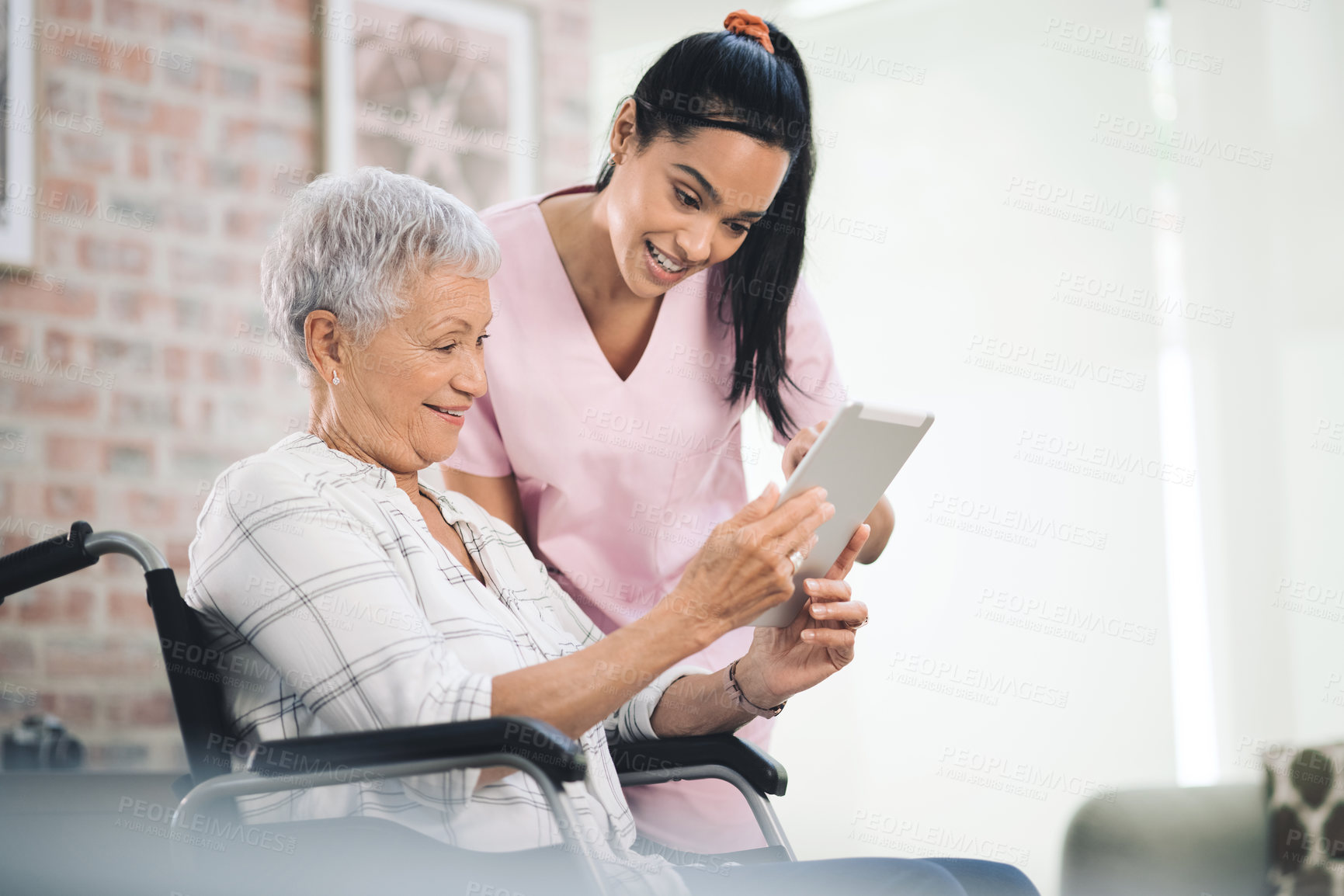 Buy stock photo Nurse, old woman and tablet with wheelchair with smile, report or review for healing in retirement home. Caregiver, tech and elderly person with disability, support or app for rehabilitation at house