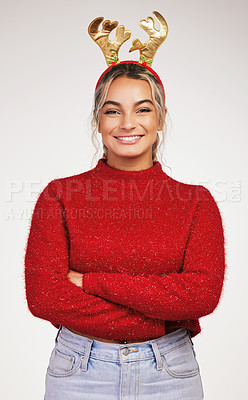 Buy stock photo Happy, woman and portrait in studio for Christmas, holiday and celebration by white background. Arms crossed, smile and headband or accessories for winter, fashion and festive vacation for mockup