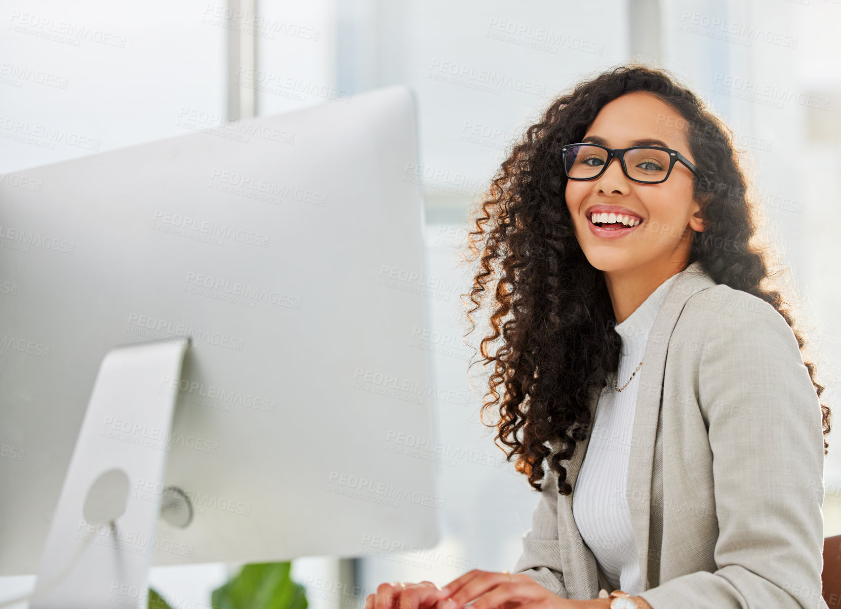 Buy stock photo Computer, smile and portrait of insurance agent or business woman in corporate company with success and startup growth. Happy, online and employee or entrepreneur working on agency project in office