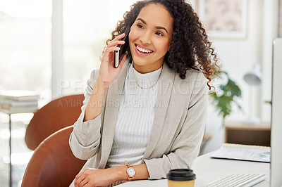Buy stock photo Office, phone call and happy woman at desk with networking, crm communication and contact. Smartphone, planning and financial consultant with advice, conversation and support in business opportunity