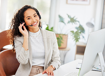 Buy stock photo Call center, computer and portrait of business woman in office for customer service, contact us or communication. Sales, consulting and telemarketing with employee for help desk and technical support