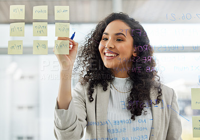 Buy stock photo Woman, smile and writing in office with marker for brainstorming, ideas and planning for company. Female person, sticky notes and boardroom on glass with happy as administrator for business or job