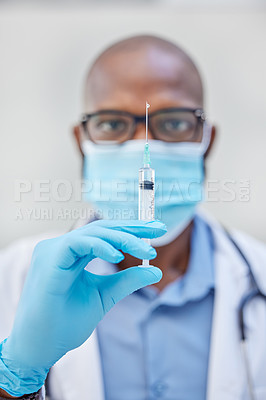 Buy stock photo Hands, black man and syringe for medical research, injection and medicine or cure. Hospital, clinic or futuristic science for life extension drugs, health care and pathology or pharmaceutical testing