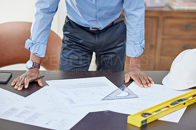 Buy stock photo Hands, man and drawing on blueprint in table with pencil for planning a building design, layout and project as architect. Office, construction and engineering person with idea for renovations