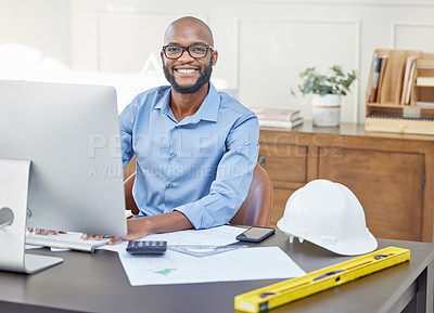 Buy stock photo Portrait, engineer or architect black man with computer at desk for planning, research and building blueprint. Tech, construction plan and male person happy with working online on project layout