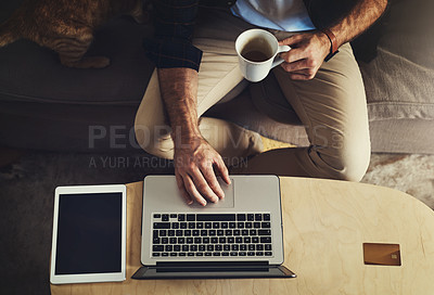 Buy stock photo Above, hands of man and laptop in home for remote work, ecommerce and digital trade on internet. Tech, coffee and person on sofa for research, company review and online feedback for small business