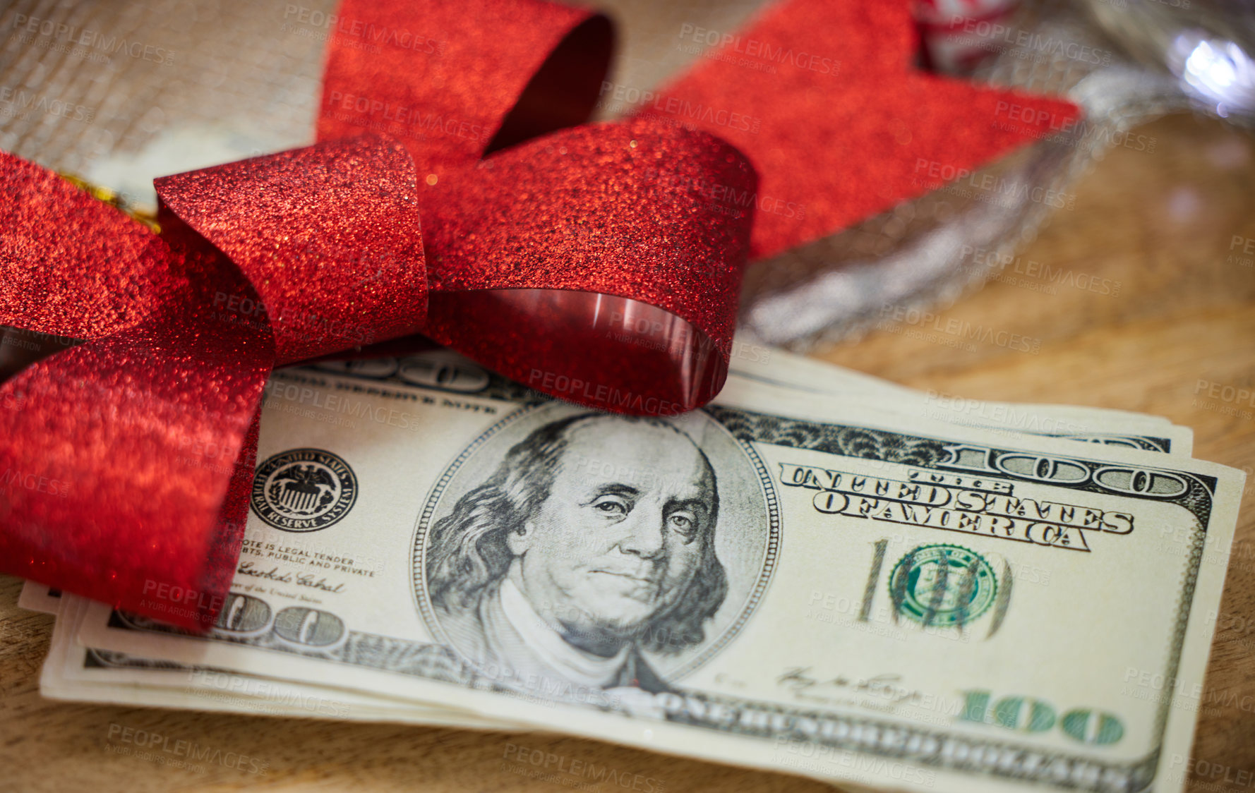 Buy stock photo Shot of money on a table during Christmas time