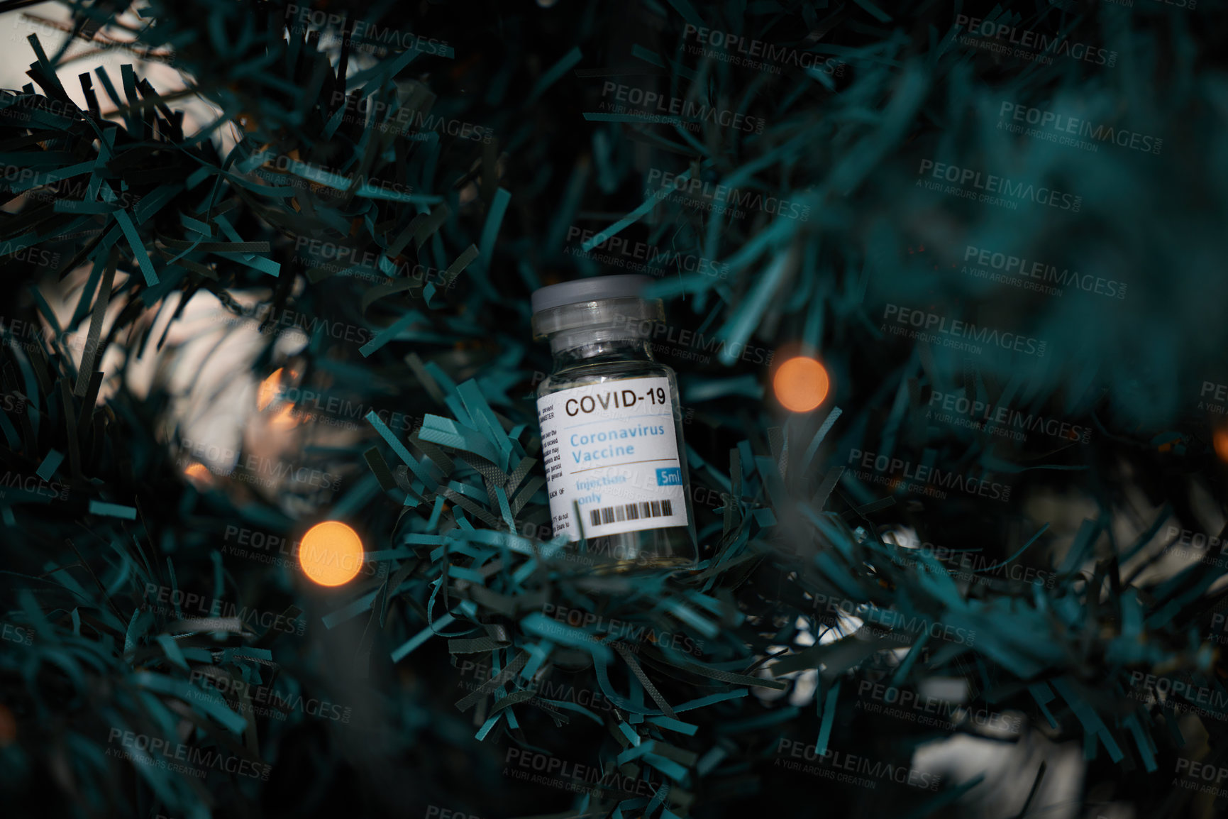 Buy stock photo Christmas, tree and safety for health and vaccine as ornament, decoration and memory of Covid19. Healthcare, product and medicine of science, holiday and celebration in home and wellness from virus