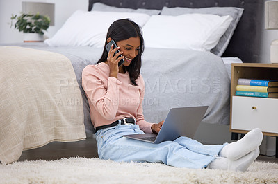 Buy stock photo Indian woman, freelancer and phone call in home, laptop and networking to business contact or talking. Happy female person, floor and planning for copywriting research, remote work and conversation