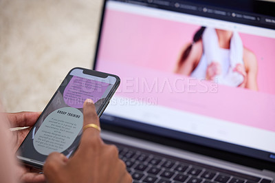 Buy stock photo Hands, phone screen and woman with fitness blog in home office for workout tips, exercise or website homepage. Top view, smartphone and person with laptop for group training, information or advice