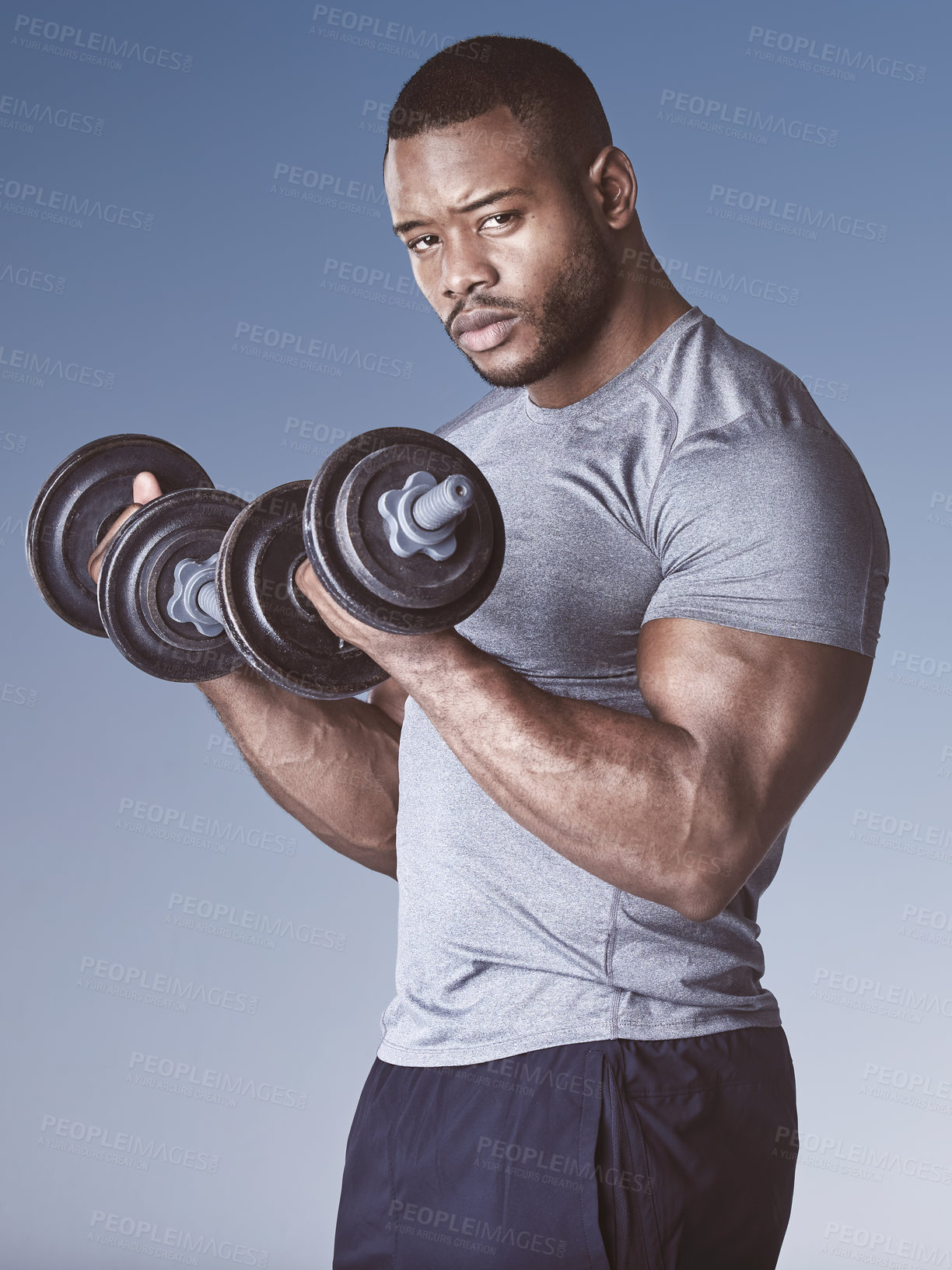 Buy stock photo Weight, man and healthy portrait with gym gear for training, exercise and workout in studio. Muscle, strong arm and athlete fitness with sport and wellness with strength practice and blue background