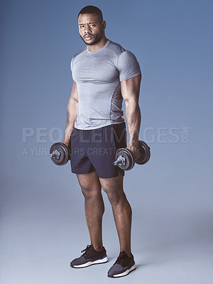 Buy stock photo Weights, man and instructor portrait with gym gear for training, exercise and workout in studio. Muscle, arm and athlete fitness with sport and wellness with strength practice and blue background