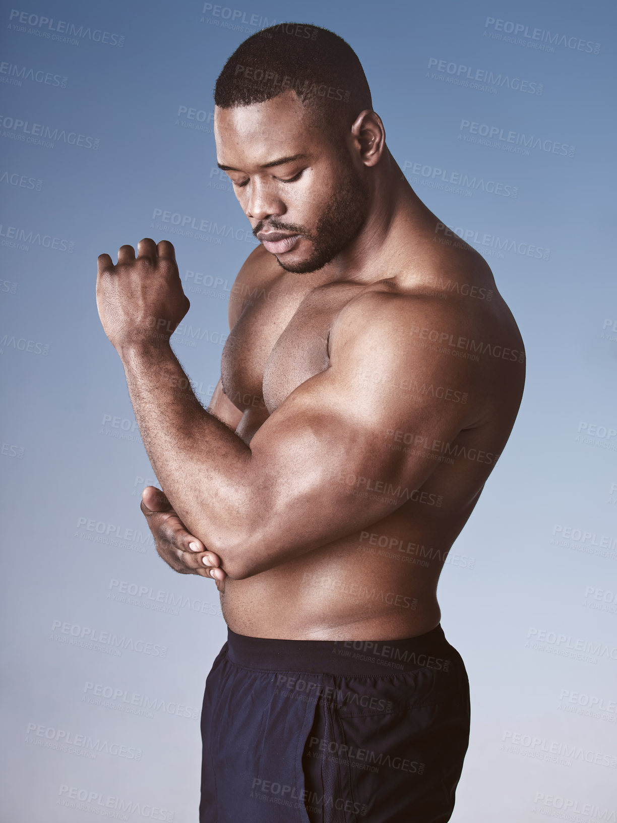 Buy stock photo Injury, elbow pain and black man in studio with muscle tension, inflammation or discomfort on gradient background. Sports, bodybuilder and male person for sprain, arthritis or weightlifting accident 