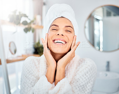 Buy stock photo Happy, skincare and woman with hands on face for beauty, cosmetic or result satisfaction in a bathroom. Smile, shower and female touching glowing, soft and clear skin after treatment in her home