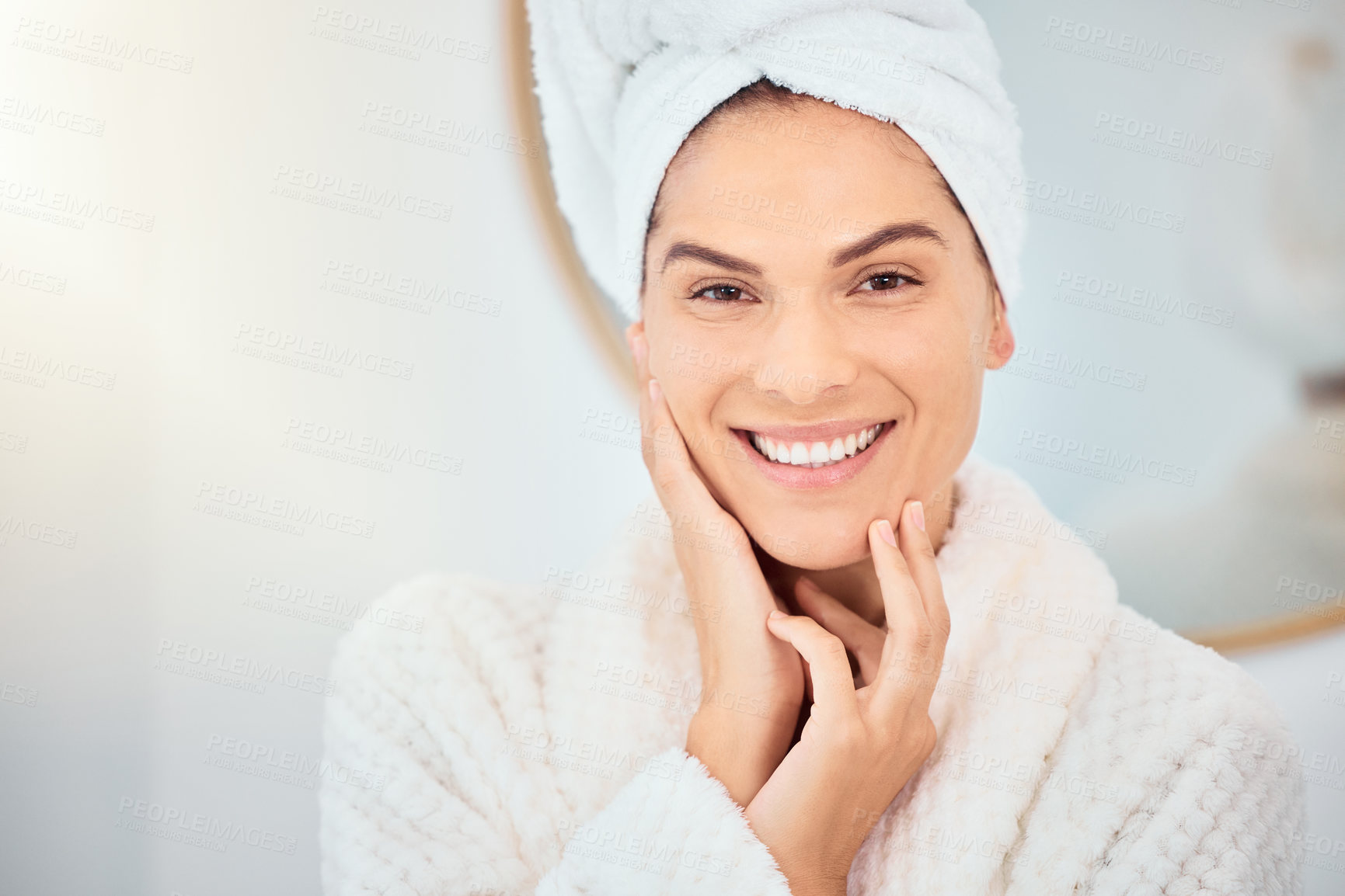 Buy stock photo Bathroom, skincare and portrait of happy woman after shower, cleaning and wellness routine in her home. Face smile and female person with hands on soft, glow or smooth skin after cosmetic dermatology