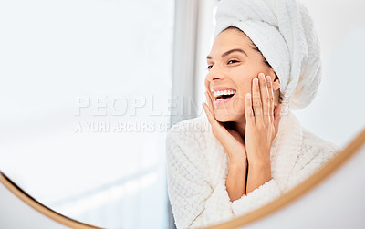 Buy stock photo Mirror, happy woman and hands on face for skincare, smile and anti aging cosmetic result in bathroom. Facial, beauty and female touch soft, glow or smooth skin from luxury dermatology routine at home