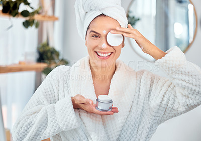 Buy stock photo Bathroom, skincare and face cream for woman with cotton, dermatology, and wellness product in the morning at home. Portrait, sunscreen and happy person with facial, skin collagen and beauty lotion