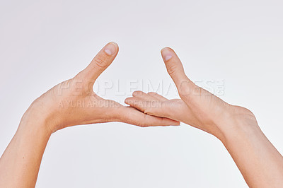 Buy stock photo Mockup, skincare and hands of woman in studio for wellness, treatment and cosmetic guide on white background. Space, dermatology or natural beauty by model with manicure, tips and diy treatment steps