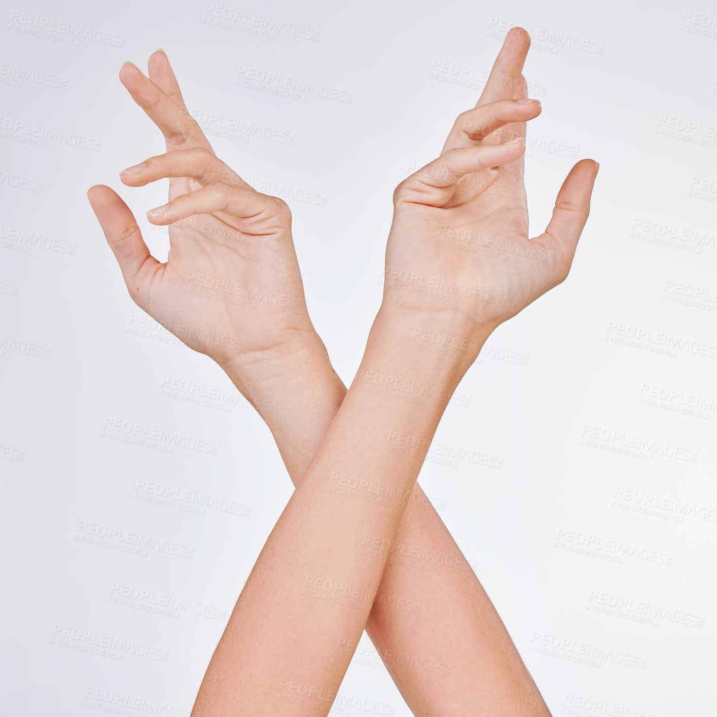 Buy stock photo Mockup, nails and hands of woman in studio for wellness, treatment and cosmetic guide on white background. Space, dermatology or natural beauty by model with manicure, tips and diy skincare steps