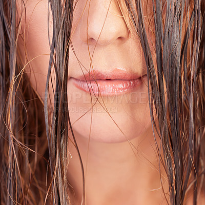 Buy stock photo Woman, health and wet hair in closeup for beauty, keratin treatment and cosmetics for wellness. Female person, haircare and textures for dermatology, grooming and conditioner for growth or clean