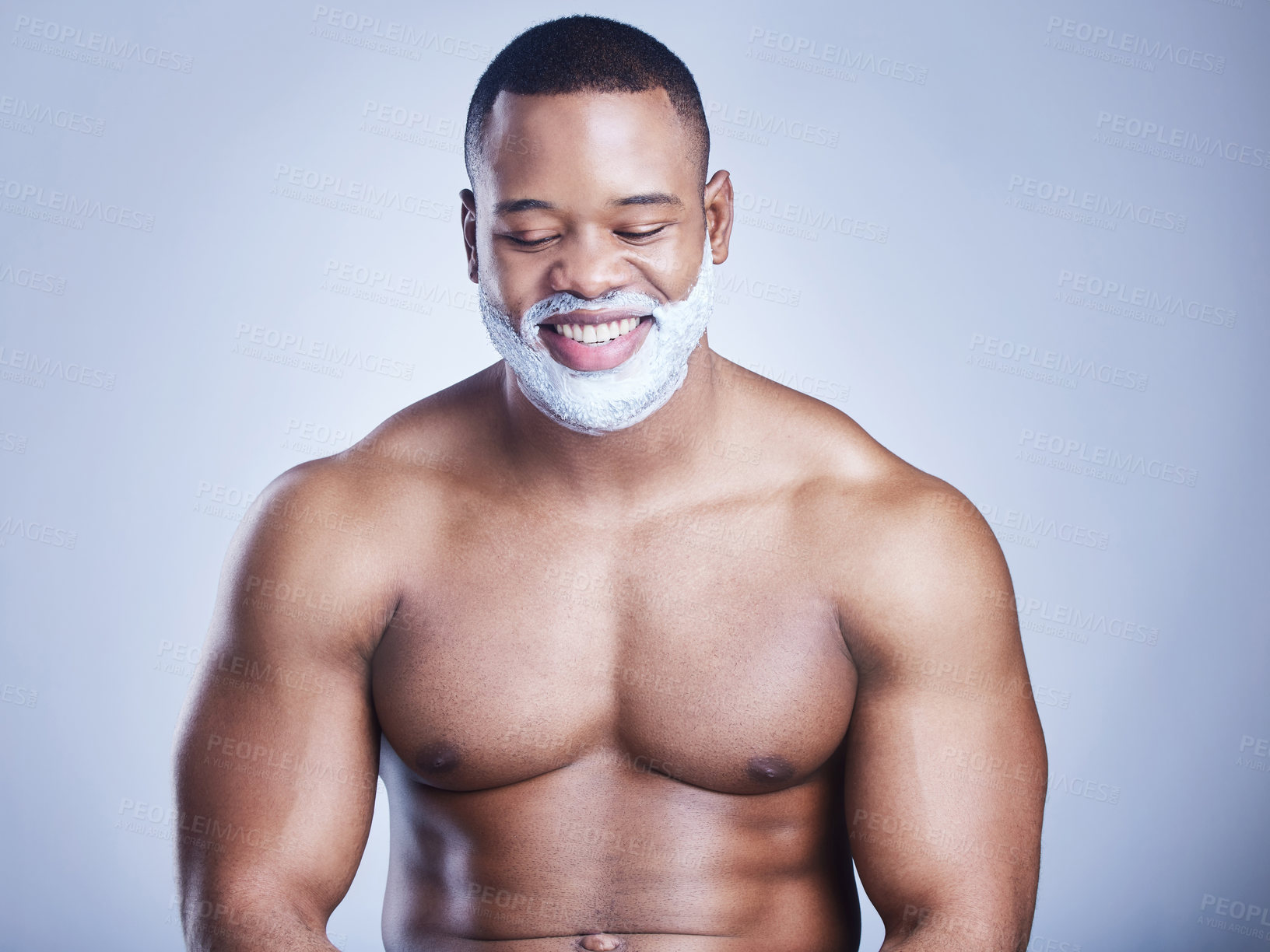 Buy stock photo Black man, cosmetics and shaving foam in studio, beauty and grooming routine for hair removal. Male person, cream and hygiene or facial treatment for skincare, cleaning and lotion on  background