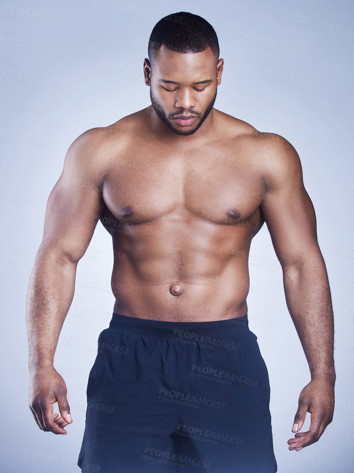 Buy stock photo Fitness, body and strong man in studio for training, wellness or abs progress, mindset or power on grey background. Sports, face and calm African athlete with sixpack, growth and abdomen muscle flex