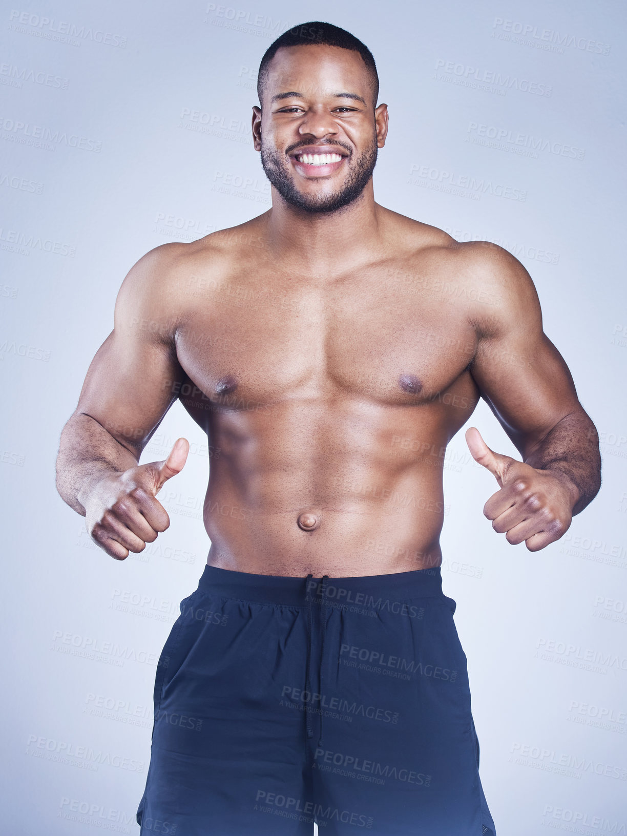 Buy stock photo Fitness, portrait and happy black man with hand pointing to body in studio for training, wellness or abs progress on grey background. Sports, face and athlete show sixpack, growth and muscle flex