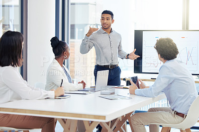 Buy stock photo Businessman, meeting and coaching in presentation for data, graph or chart on team project at office. Man, coach or mentor training staff on corporate statistics, analytics or marketing at workplace